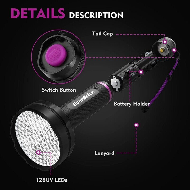 EverBrite 128 LED Black Light Flashlight UV Flashlights 395 nm Ultraviolet Light