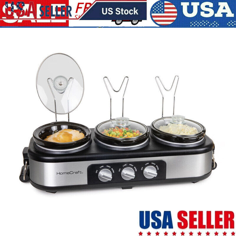 3-Station Slow Cooker 1.5-Quart Oval Pot Buffet Stainless St