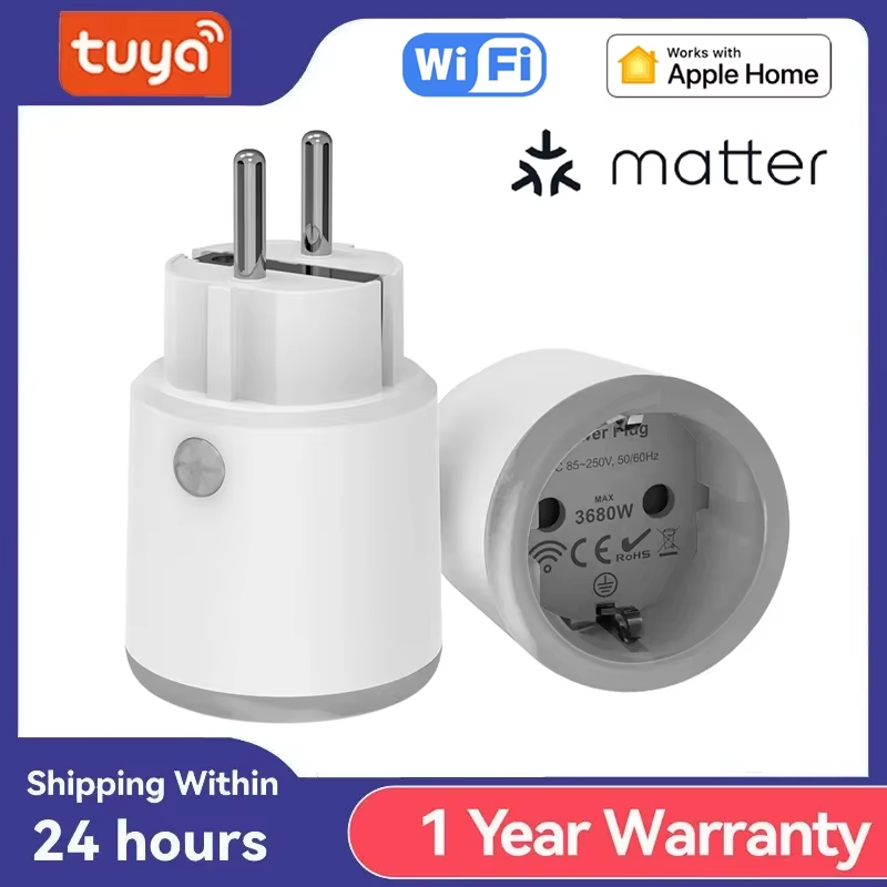 Tuya Homekit Matter Smart Power Plug Wifi 16A Power Meter Remote Control EU Outl