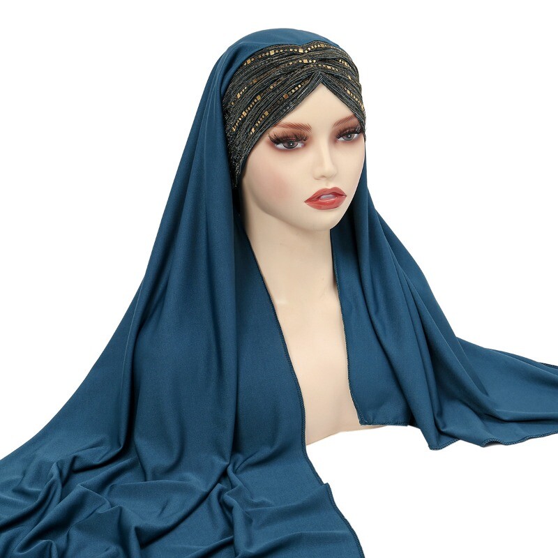 Muslimisch Damen Stirn Cross Wrap Schal Einfarbig Pailletten Schal Turban Hut