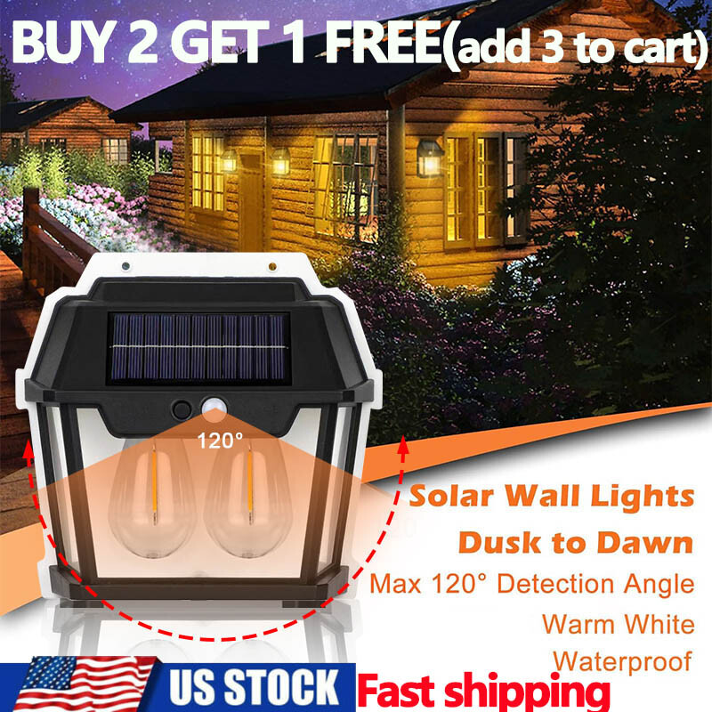 Solar Tungsten Wall Light Outdoor Sconce Motion Sensor Lamp Porch Garage 2Bulb