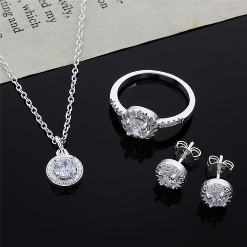 fashion women lady wedding 925 silver crystal necklace earring ring jewelry set