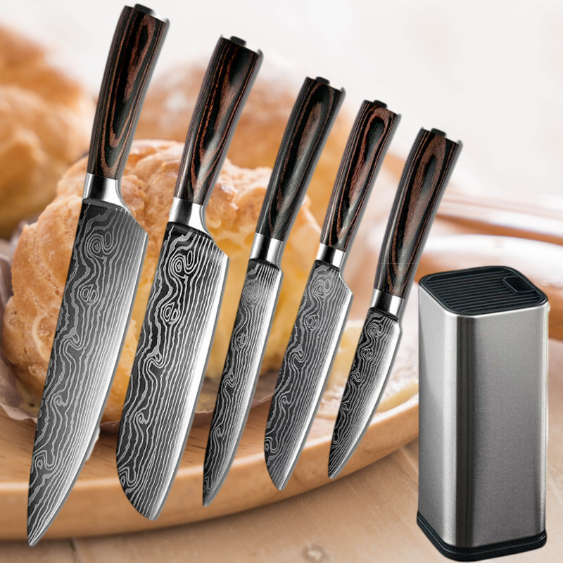 6 Stück Küchenmesser Set Japanisches Damaskus Stil Edelstahl mit Messerblock