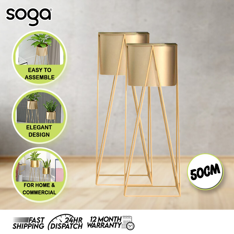 SOGA 2X 50cm Gold Metal Plant Stand with Gold Flower Pot Corner Shelving Rack