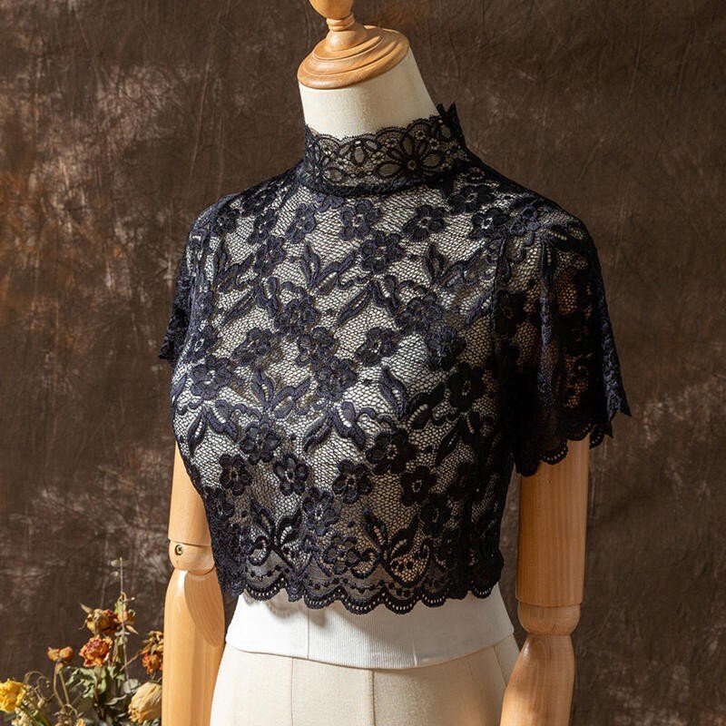 Damen Durchsichtig Blumen Spitze Bauchfreies Top Dünn T-Shirt Kurzärmelige Bluse
