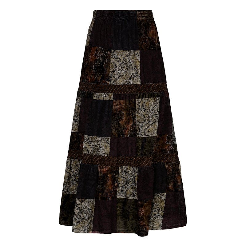 Damen Maxi Hippie Rock Lang Patchwork Samt Paisleymuster Zigeuner Freizeit