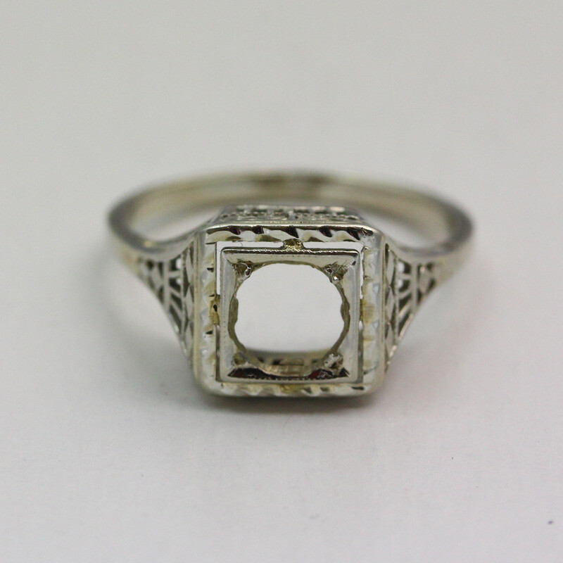 Vintage 14K White Gold Art Deco 5mm Round Empty Mounting Ring - Size 6.5