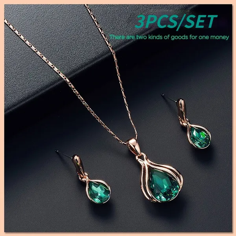 3PCS / Set New Luxury Design Luxury Wedding Pendant Earrings Rose Gold Green Blue Gem Necklace Earring Crystal Pendant Set Jewellery Set