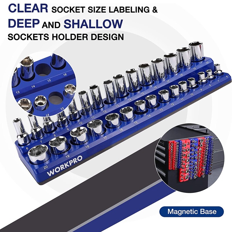 WORKPRO Magnetic Socket Organizer Set 1/4" 3/8" 1/2" Dr Metric SAE Socket Holder
