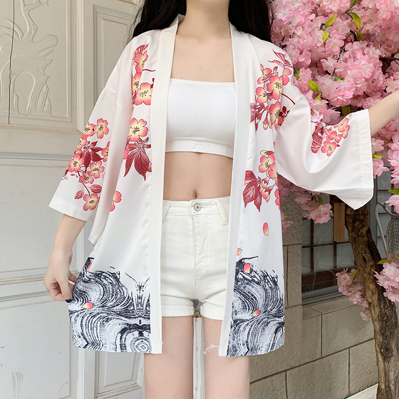 Cardigan Da Donna Yukata Kimono Giacca Cappotto Stampa Floreale Con Gru Harajuku