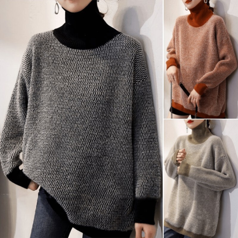 Women Faux Mohair Fur Sweater Pullover Knit Top Turtleneck Mid-length Loose