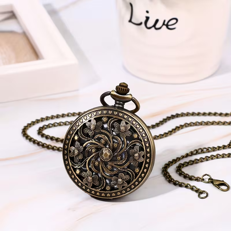 Quartz Pocket Watch Featuring Hollow Carved Petals, Suitable for Anniversaries