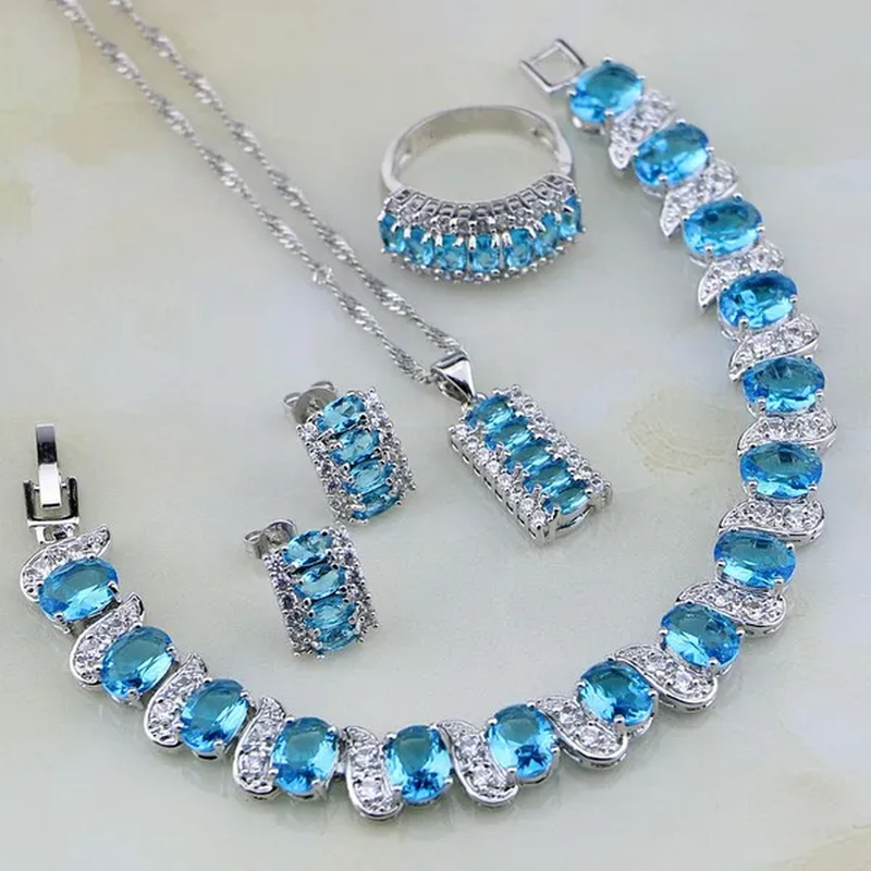 925 Silver Jewelry Set Classic Sky Blue White Topaz for Women Wedding Ear/Pendant/Necklace/Bracelet/Ring 4PCS