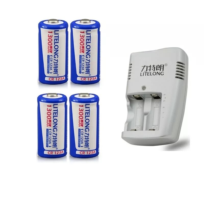 LITELONG 1300mAh CR123A 1300mAh Lifepo4 Rechargeable battery+2Slots Charger
