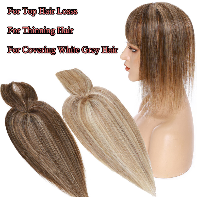 150 Women Remy Human Hair Topper Toupee Wigs with Bangs Clip In