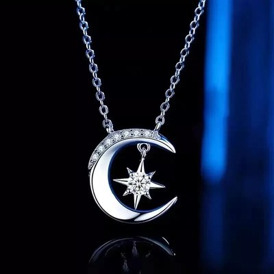 Women's Gift Moon Star Pendant Necklace 925 Sterling Silver 1Ct Real Moissanite