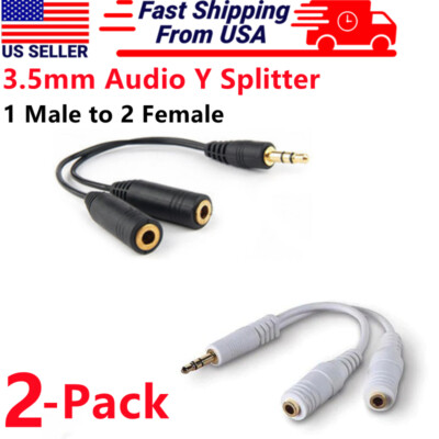 2 Pack 3.5mm AUX Audio Splitter 1 Male to 2 Female Headphone Y Cable Gold Plated