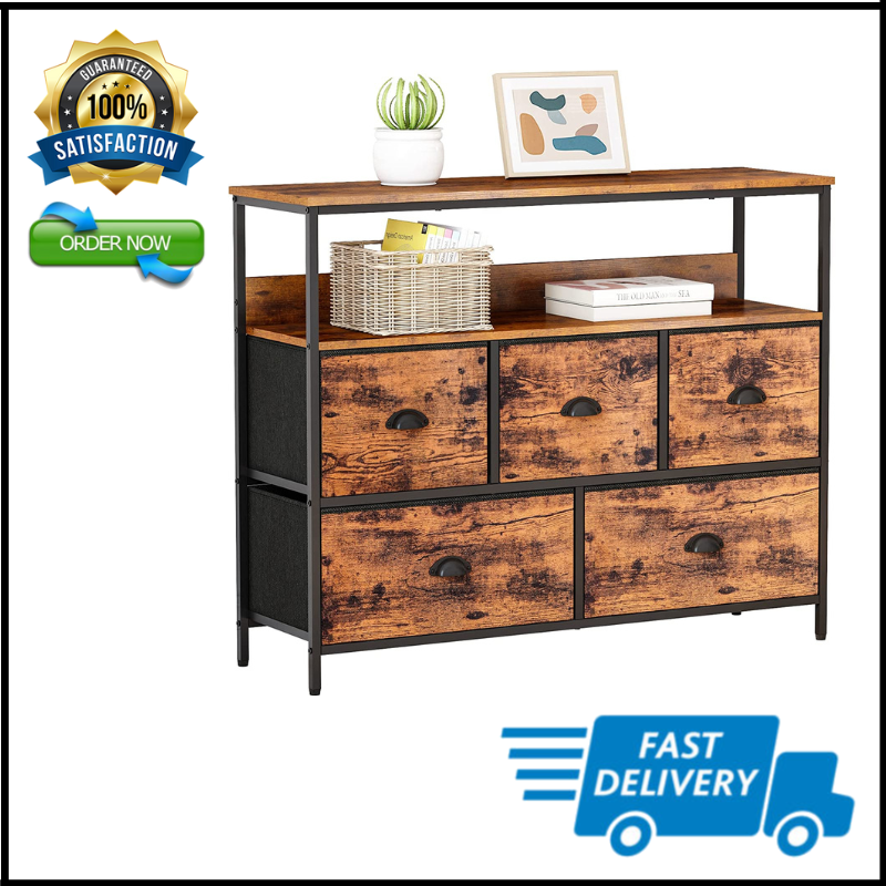 Console Table With Shelves, Dresser With 5 Fabric D