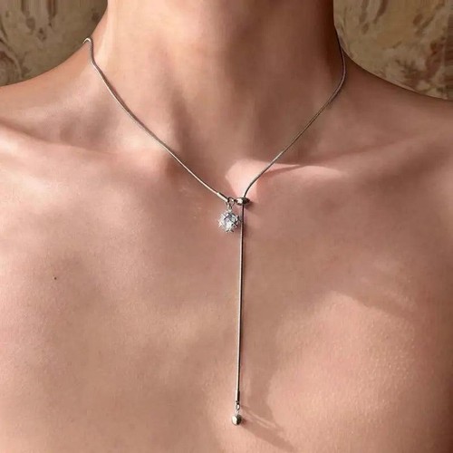 Punk Silver Long Necklace with Shining Zircon Pendant for Men Women