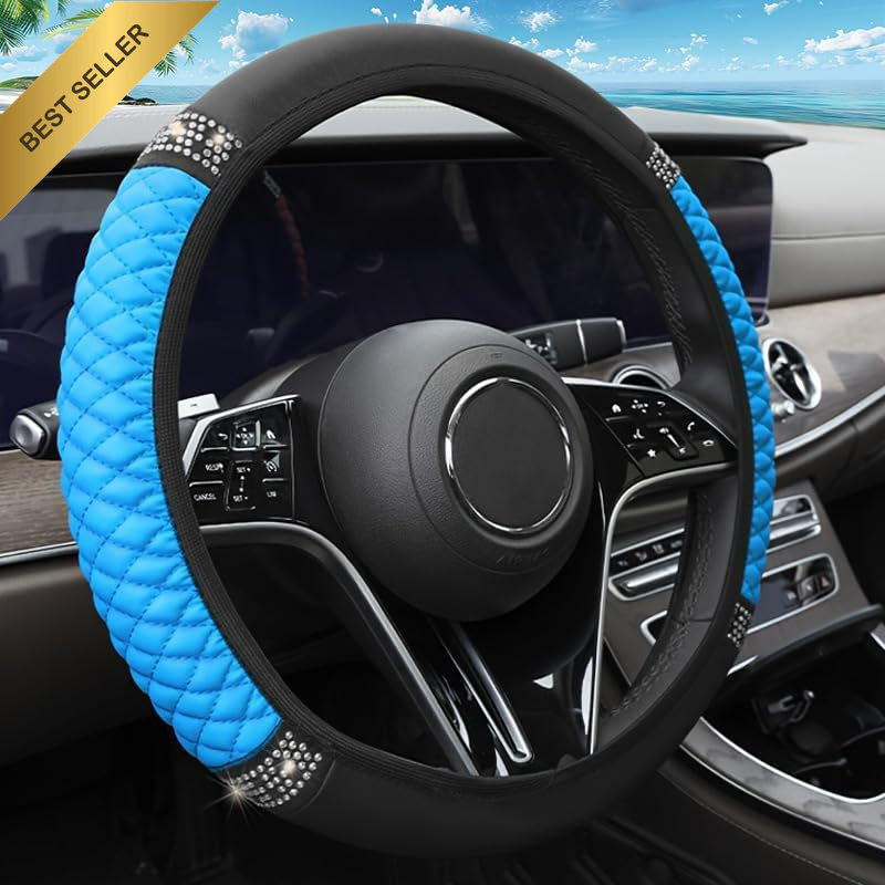 Bling Soft Leather Steering Wheel Cover, 15 Inch Rhinestones Auto Elastic Protec
