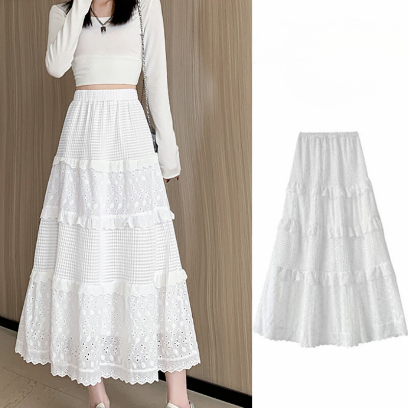 Women Ruffle Cotton Floral Lace Skirt Embroidery Elastic High Waist Casual