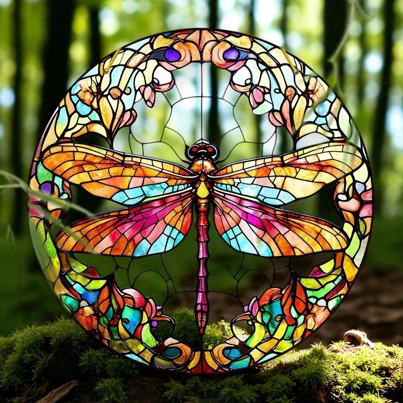 Dragonfly Suncatcher 8in - Faux Stained Glass Window Garden Art Decor Gift