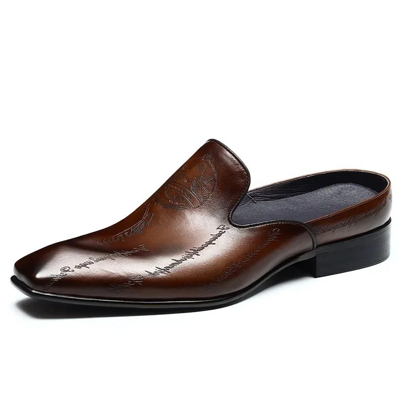 Italian Luxury Mens Genuine Leather Half Shoes Dress Slippers Designer Shoes