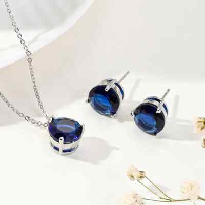 Round Lab Created Sapphire Necklace/Earrings Set 14k White Gold Plated Box Chain