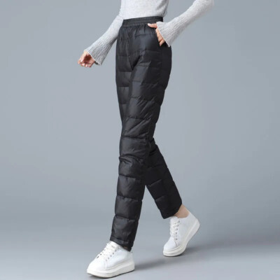 Women Quilted Padded Trousers Warm Pencil Pants Elastic Waist Stretch Slim