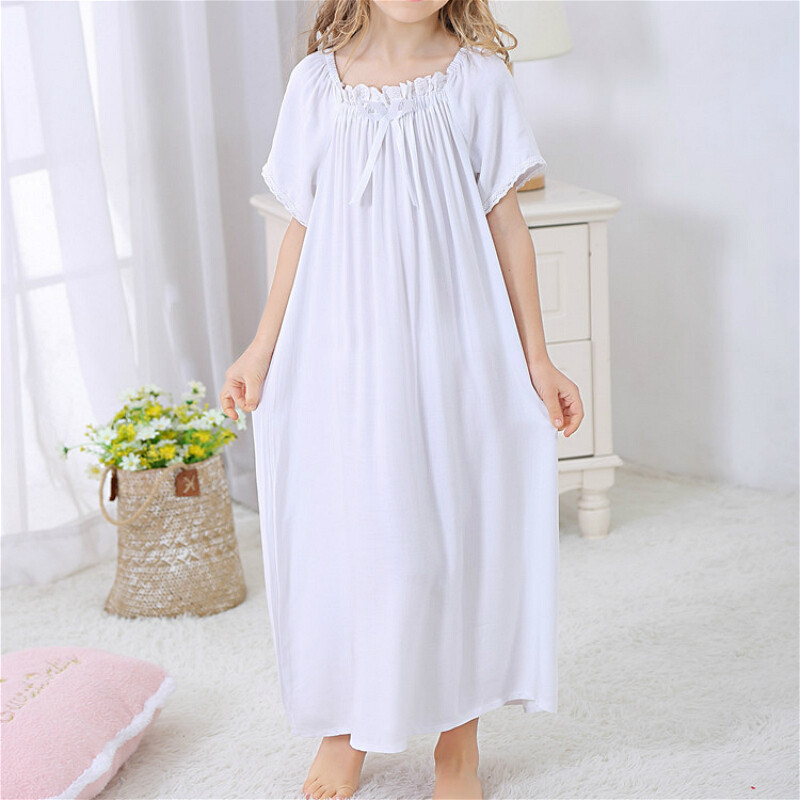 Girls Cotton Nightdress Lace Pajamas Short Sleeve Sleepwear Nightgown Home Dress