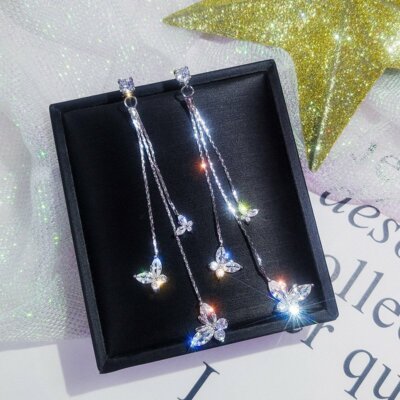 Fashion Long Tassel Crystal Earrings Women Butterfly Drop Dangle Ear Stud NEW