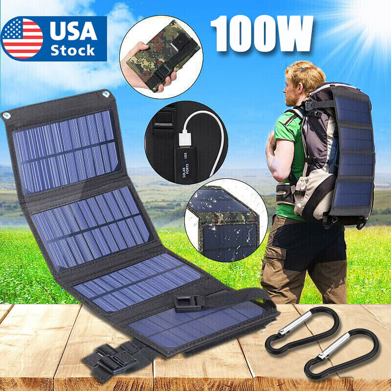 100W USB Solar Panel Folding Power Bank Outdoor Camping Hiking Phone Charger USA
