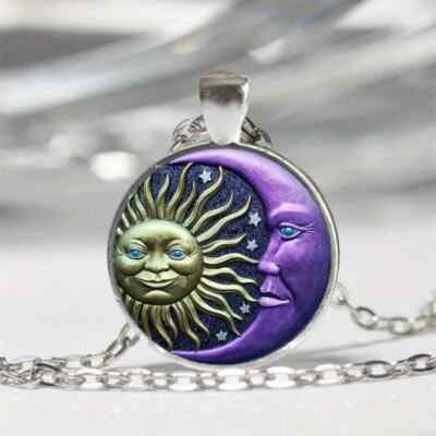 Colorful Moon Sun Face Pattern Round Pendant Necklace