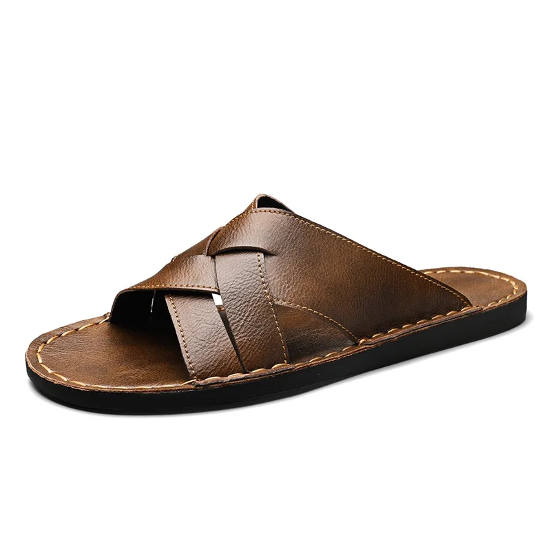 Genuine Leather Mens Slippers Summer Outdoor Beach Shoes High Quality Flip Flops