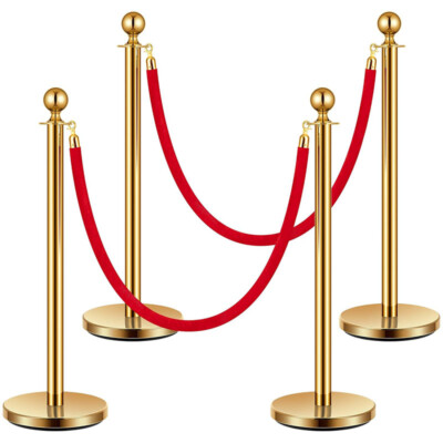 4PCS Golden Crowd Control Barrier Stanchion Set Posts Queue Pole Velvet Ropes