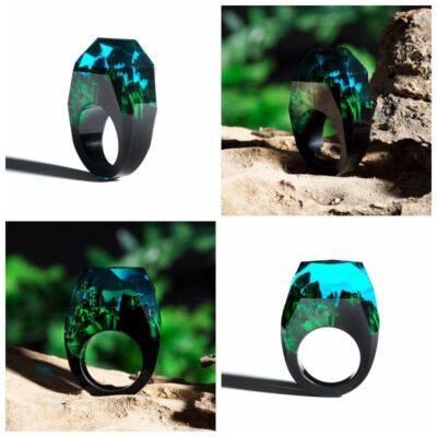 Women Landscape Wood Ring Handmade Rainbow Star Rings Resin Fashion Jewelry 1Pc