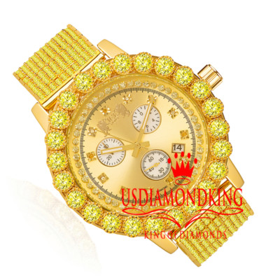 Pre-owned Khronos Canary Solitaire Watch Custom Genuine Diamond Analog Gold Tone Stainless Steel