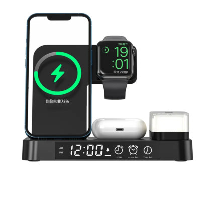 5-in-1 Wireless Fast Charger Night Light Digital Alarm Clock iPhone Airpod Watch