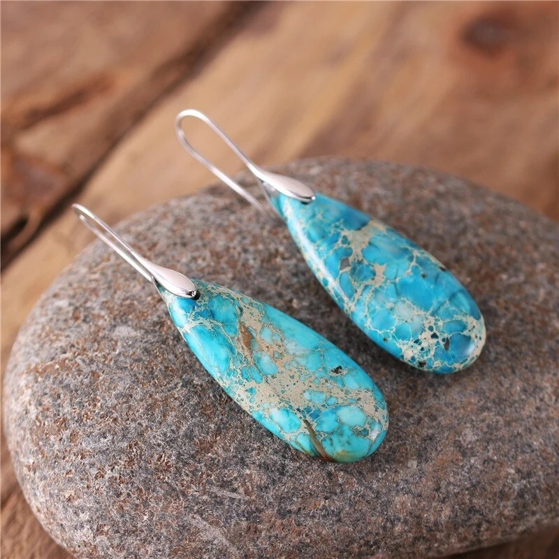 Natural Blue Stone Teardrop Dangle Earrings Blue Gemstone Drop Earrings Boho