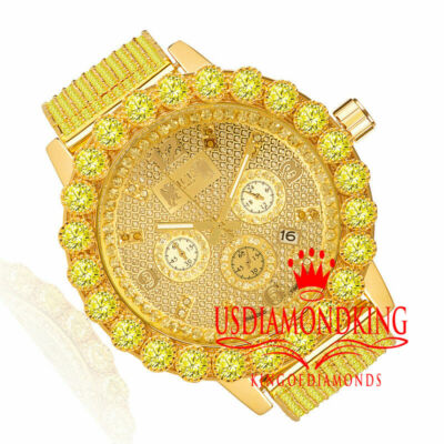 Pre-owned Khronos Canary Solitaire Bezel Yellow Gold Tone Real Diamond Men's Custom Watch W/ Date