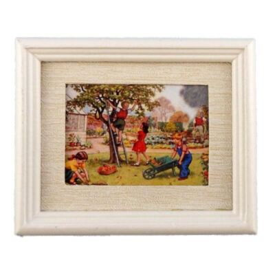Dolls House Children in Garden Painting White Frame Miniature Accessory Picture