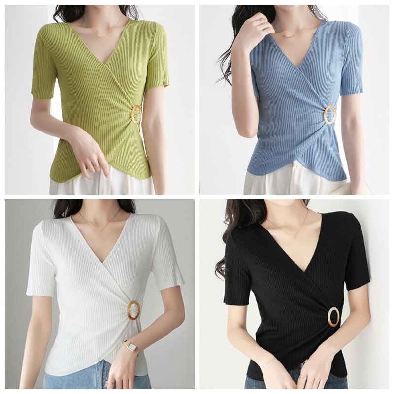 Donna Maglia Scollo A V Top Camicetta T-Shirt Manica Corta Lavoro Estivo Casual