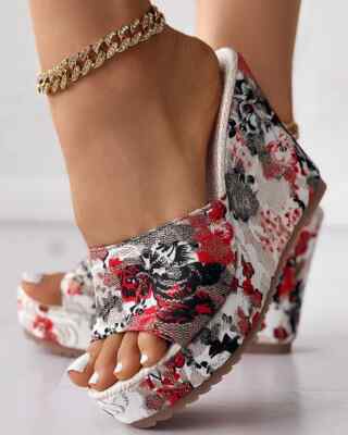 Fashion Women Summer Wedge Slippers Floral Print Platform High Heels Slides