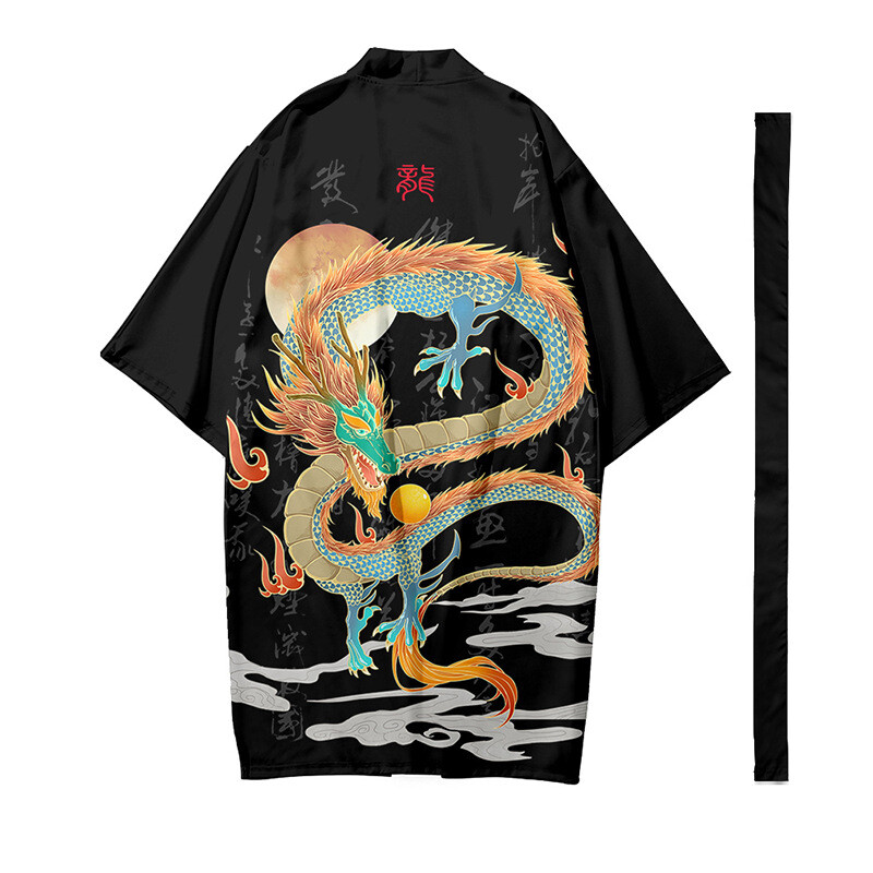 1 X Men Dragon Print Kimono Cardigan with Belt Long Bathrobe Open Front Coat