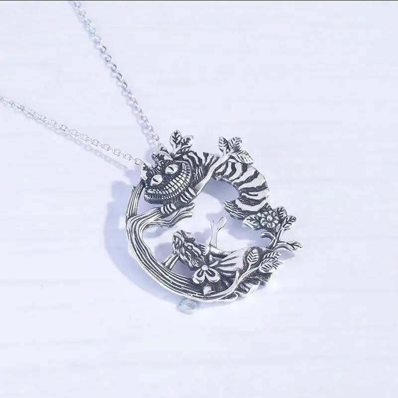 Alice In Wonderland Cheshire Cat Jewelry Vintage Silver Pendant Necklace