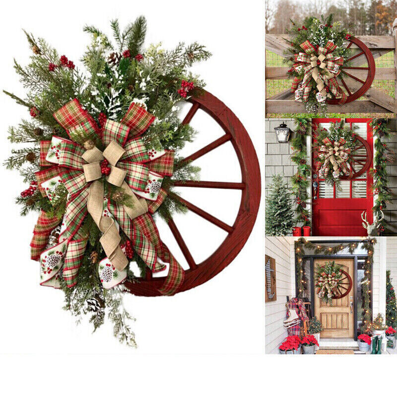 Christmas Winter Wreath Farmhouse Red Wagon Wheel Xmas Garland for Front Door