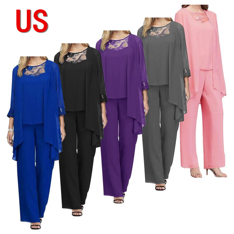 US Women Elegant Wedding Guest Pants Suit 3 Pieces Set Chiffon Evening Party