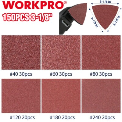WORKPRO Triangle Sanding Pads 150PCS 3-1/8'' Hook Loop for Oscillating Multi Tool