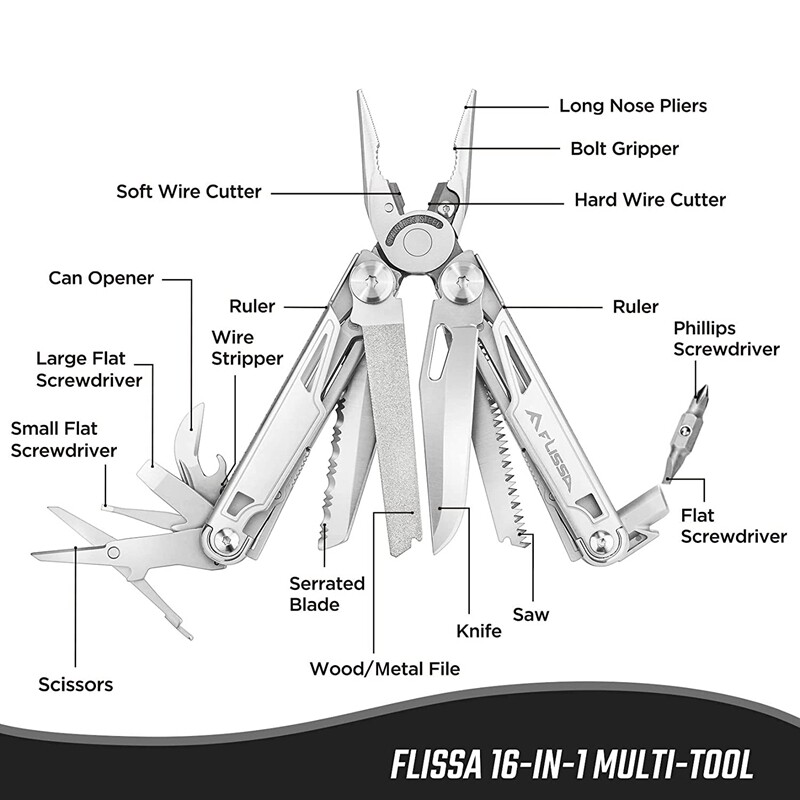 Flissa 16 In 1 Multi Tool Pliers Portable Survival Outdoor Compact Folding Knife