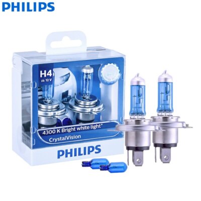 2x Philips H4 Crystal Vision 4300K White Car Headlight Halogen Globes 12V 60/55W